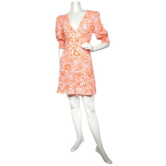 MINKPINK Marli Floral Mini Dress Orange Pink V-Neck Puff Sleeve Keyhole Back - Picture 6 of 16
